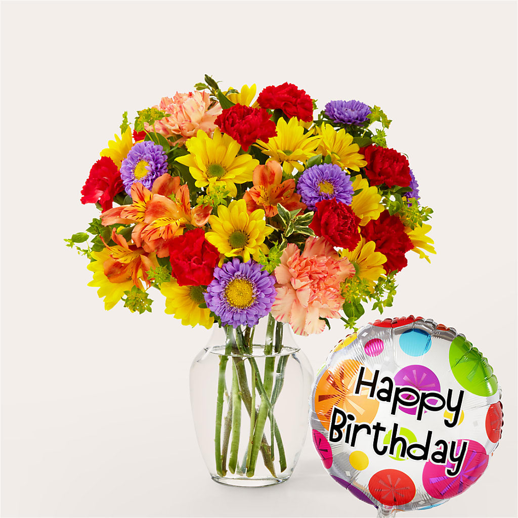 Kaleidoscope Bouquet with Birthday Balloon – CONNIE'S FLORAL ARRANGEMENTS, Virginia Beach VA