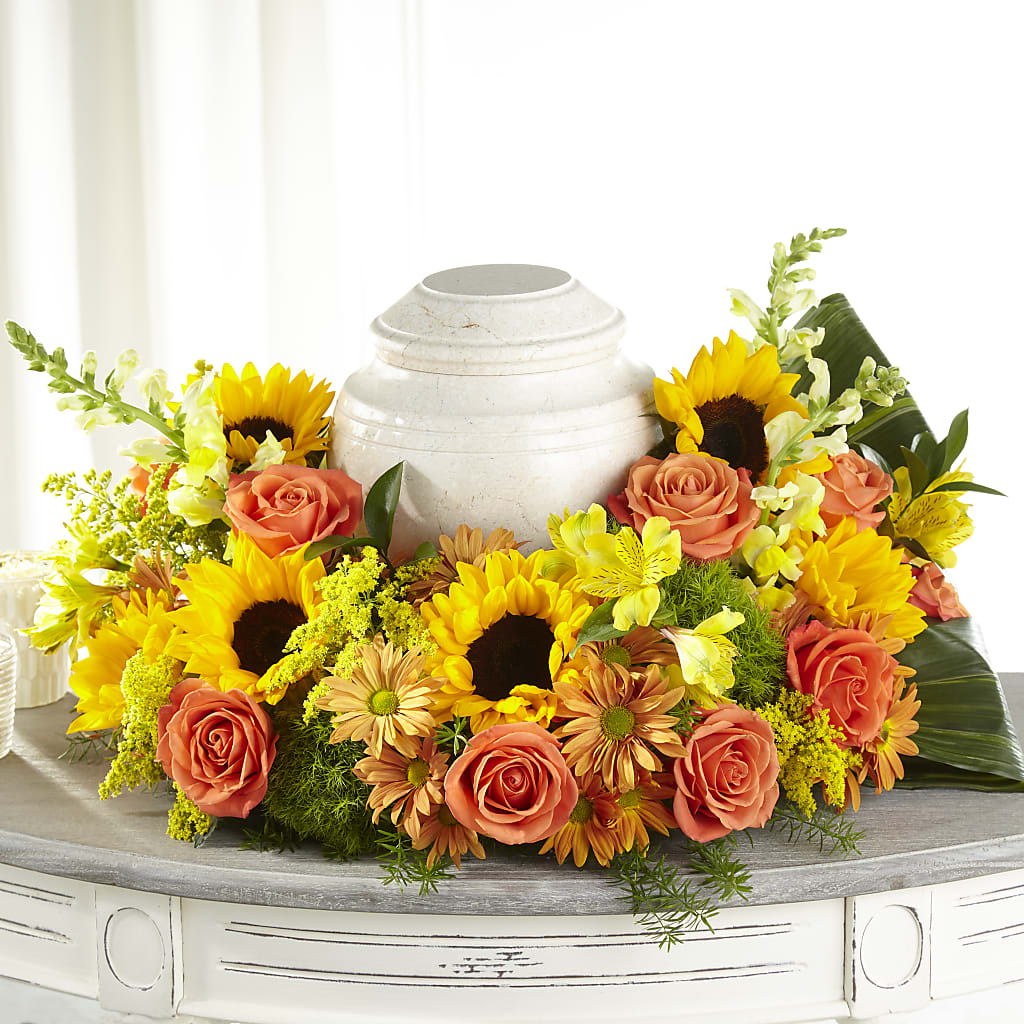 Faithful Sunflower Cremation Adornment – CONNIE'S FLORAL ARRANGEMENTS, Virginia Beach VA